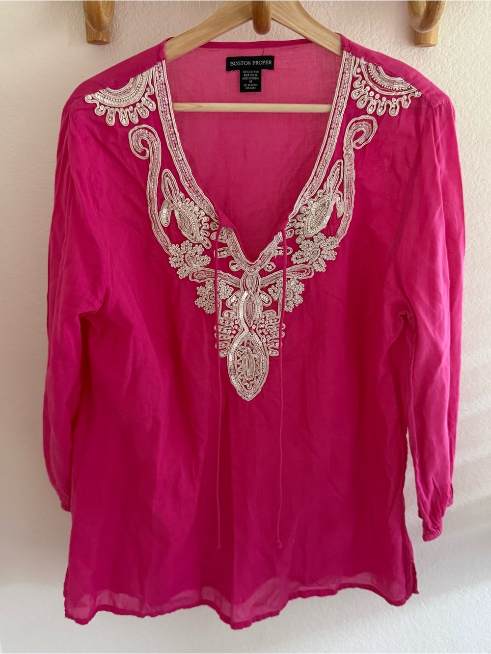 Boston Proper Pink Y2K boho chic peasant Embroidered Exotic Getaway Tunic Top